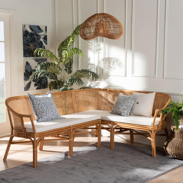 Baxton Studio bali Adede 2-Piece Handwoven Rattan Corner Bench Set - Boho Coastal L-Shaped Dining Nook Seating Adede-Light Honey Rattan-2PC Bench Set