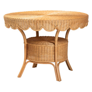 Baxton Studio bali Bali Abena Handcrafted Bohemian Rattan Dining Table with Scalloped Edge & Open Shelf - Eco-Chic Design Palm Short-Round-Light Honey Rattan-DT