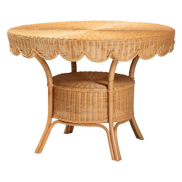 Baxton Studio bali Bali Abena Handcrafted Bohemian Rattan Dining Table with Scalloped Edge & Open Shelf - Eco-Chic Design Palm Short-Round-Light Honey Rattan-DT