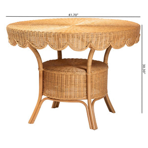 Baxton Studio bali Bali Abena Handcrafted Bohemian Rattan Dining Table with Scalloped Edge & Open Shelf - Eco-Chic Design Palm Short-Round-Light Honey Rattan-DT
