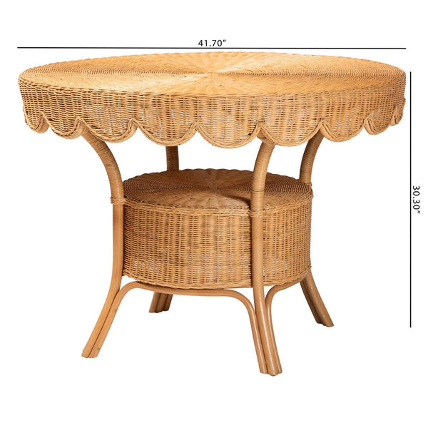 Baxton Studio bali Bali Abena Handcrafted Bohemian Rattan Dining Table with Scalloped Edge & Open Shelf - Eco-Chic Design Palm Short-Round-Light Honey Rattan-DT