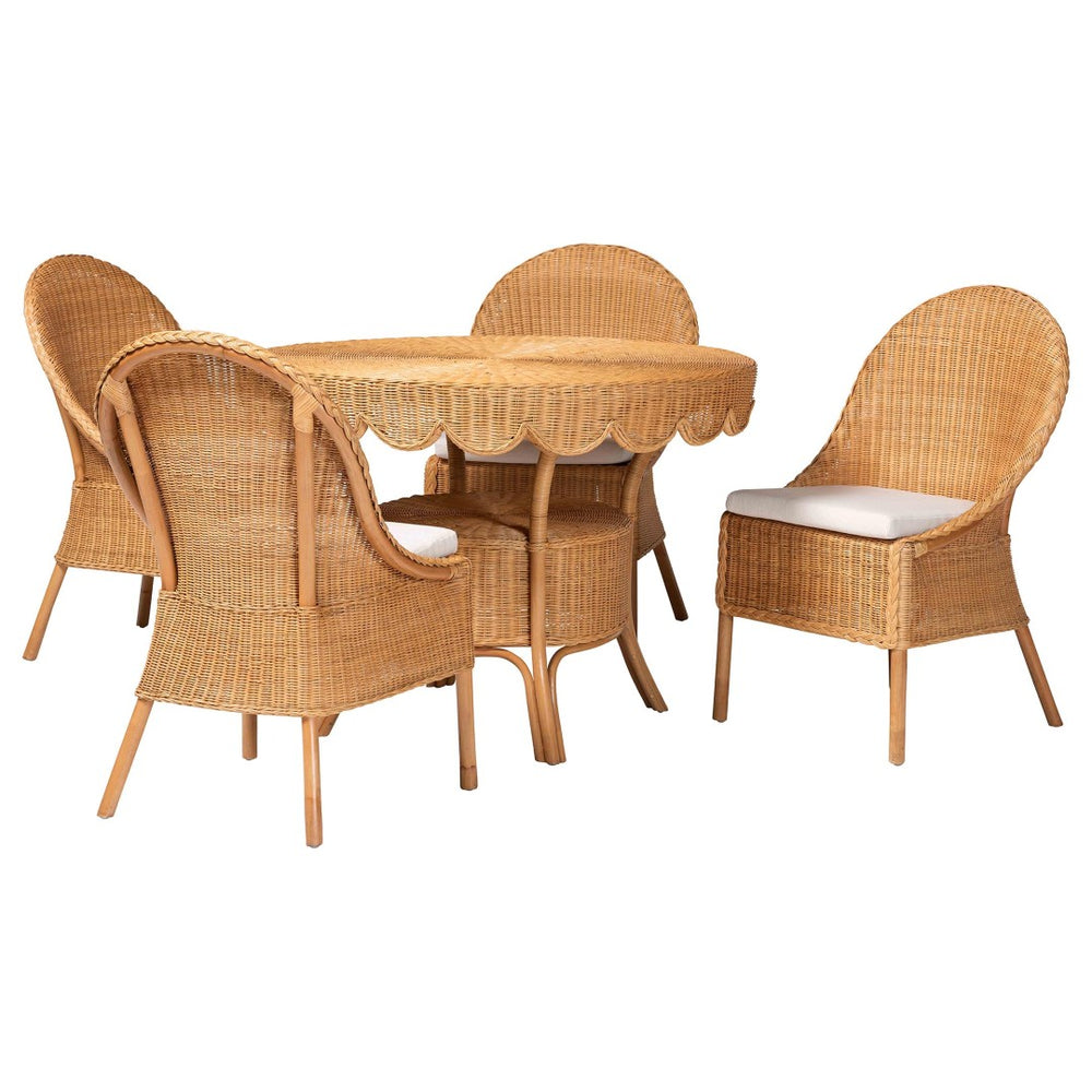 Baxton Studio bali Bali Tyrone 5-Piece Handwoven Rattan Dining Set, Round Scalloped Table & 4 Chairs for Coastal Charm Tyrone-Light Honey Rattan-5PC Dining Set