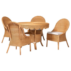 Baxton Studio bali Bali Tyrone 5-Piece Handwoven Rattan Dining Set, Round Scalloped Table & 4 Chairs for Coastal Charm Tyrone-Light Honey Rattan-5PC Dining Set