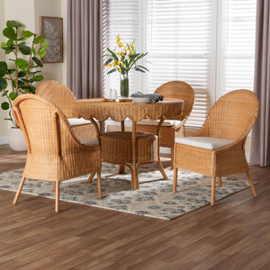 Baxton Studio bali Bali Tyrone 5-Piece Handwoven Rattan Dining Set, Round Scalloped Table & 4 Chairs for Coastal Charm Tyrone-Light Honey Rattan-5PC Dining Set