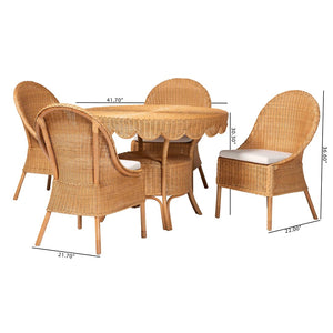 Baxton Studio bali Bali Tyrone 5-Piece Handwoven Rattan Dining Set, Round Scalloped Table & 4 Chairs for Coastal Charm Tyrone-Light Honey Rattan-5PC Dining Set