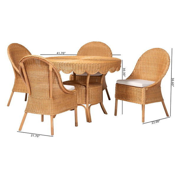 Baxton Studio bali Bali Tyrone 5-Piece Handwoven Rattan Dining Set, Round Scalloped Table & 4 Chairs for Coastal Charm Tyrone-Light Honey Rattan-5PC Dining Set