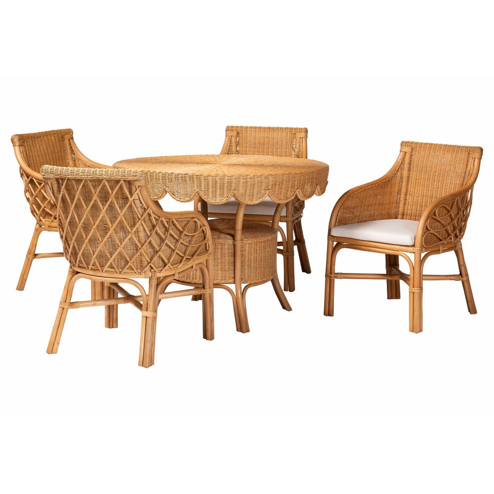 Baxton Studio bali Bali Tudor 5-Piece Rattan Dining Set - Handwoven Boho Coastal Style with Scalloped Round Table & Chairs Tudor-Light Honey Rattan-5PC Dining Set