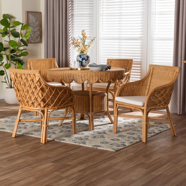 Baxton Studio bali Bali Tudor 5-Piece Rattan Dining Set - Handwoven Boho Coastal Style with Scalloped Round Table & Chairs Tudor-Light Honey Rattan-5PC Dining Set