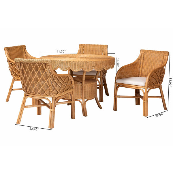 Baxton Studio bali Bali Tudor 5-Piece Rattan Dining Set - Handwoven Boho Coastal Style with Scalloped Round Table & Chairs Tudor-Light Honey Rattan-5PC Dining Set