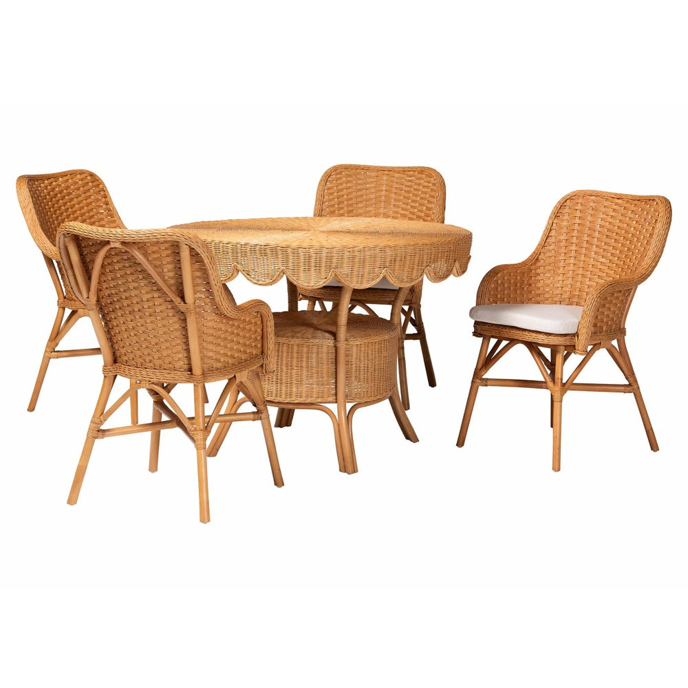 Baxton Studio bali Tucson 5-Piece Handwoven Rattan Dining Set - Round Scalloped Table with 4 Cozy Armchairs - Boho Coastal Charm for Kitchen or Sunroom Tucson-Light Honey Rattan-5PC Dining Set