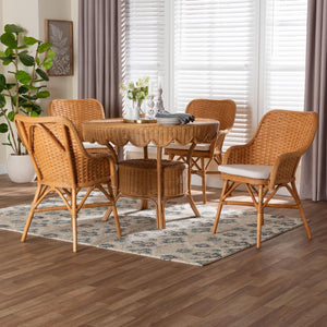 Baxton Studio bali Tucson 5-Piece Handwoven Rattan Dining Set - Round Scalloped Table with 4 Cozy Armchairs - Boho Coastal Charm for Kitchen or Sunroom Tucson-Light Honey Rattan-5PC Dining Set