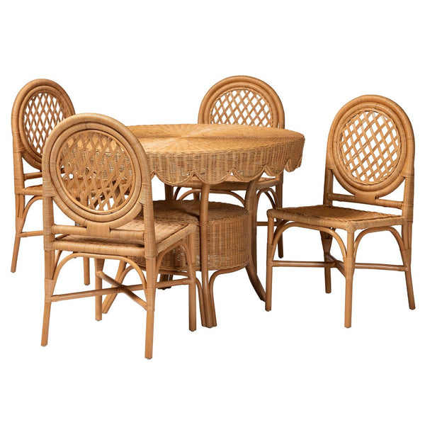 Baxton Studio bali Troy 5-Piece Rattan Dining Set - Handwoven Boho Coastal Table & 4 Lattice Back Chairs, Light Honey Troy-Light Honey Rattan-5PC Dining Set