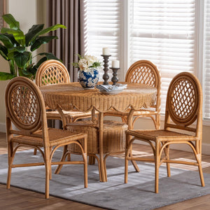 Baxton Studio bali Troy 5-Piece Rattan Dining Set - Handwoven Boho Coastal Table & 4 Lattice Back Chairs, Light Honey Troy-Light Honey Rattan-5PC Dining Set