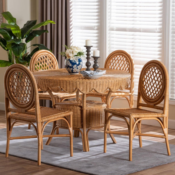 Baxton Studio bali Troy 5-Piece Rattan Dining Set - Handwoven Boho Coastal Table & 4 Lattice Back Chairs, Light Honey Troy-Light Honey Rattan-5PC Dining Set