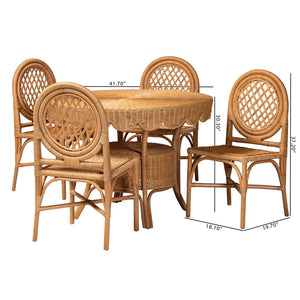 Baxton Studio bali Troy 5-Piece Rattan Dining Set - Handwoven Boho Coastal Table & 4 Lattice Back Chairs, Light Honey Troy-Light Honey Rattan-5PC Dining Set