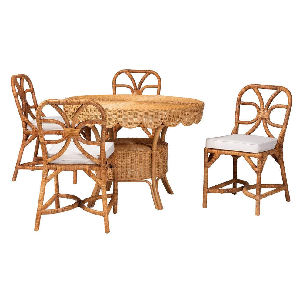 Baxton Studio bali Trenton 5-Piece Rattan Dining Set - Handwoven Coastal Style with Round Table & Cushioned Chairs Trenton-Light Honey Rattan-5PC Dining Set