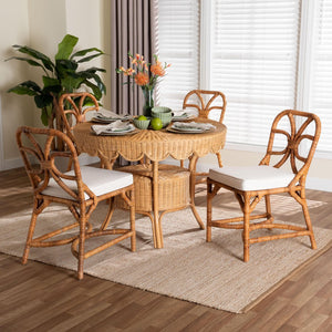 Baxton Studio bali Trenton 5-Piece Rattan Dining Set - Handwoven Coastal Style with Round Table & Cushioned Chairs Trenton-Light Honey Rattan-5PC Dining Set