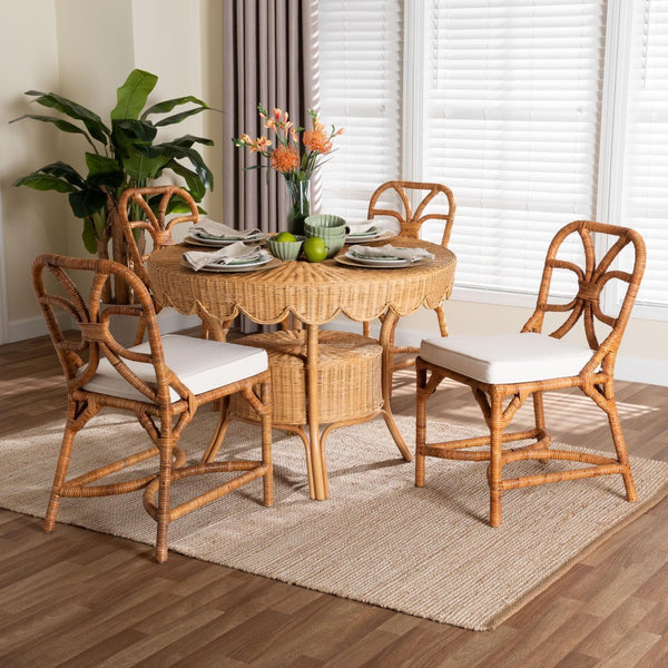 Baxton Studio bali Trenton 5-Piece Rattan Dining Set - Handwoven Coastal Style with Round Table & Cushioned Chairs Trenton-Light Honey Rattan-5PC Dining Set