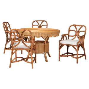 Baxton Studio bali Trevor 5-Piece Rattan Dining Set - Handwoven Round Table & 4 Armchairs, Boho Coastal Charm Trevor-Light Honey Rattan-5PC Dining Set