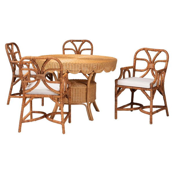 Baxton Studio bali Trevor 5-Piece Rattan Dining Set - Handwoven Round Table & 4 Armchairs, Boho Coastal Charm Trevor-Light Honey Rattan-5PC Dining Set