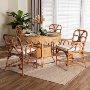 Baxton Studio bali Trevor 5-Piece Rattan Dining Set - Handwoven Round Table & 4 Armchairs, Boho Coastal Charm Trevor-Light Honey Rattan-5PC Dining Set