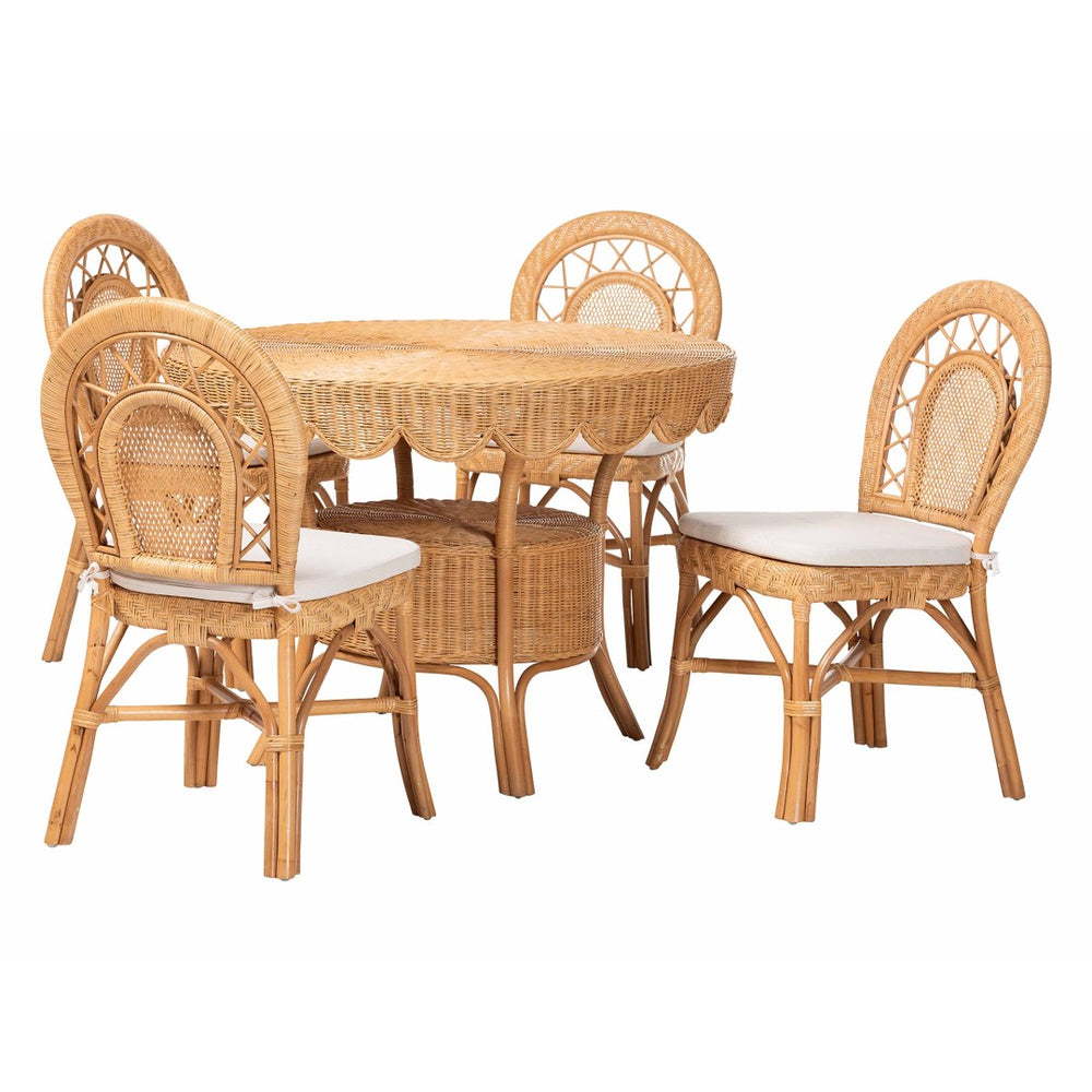 Baxton Studio bali Bali Travis 5-Piece Handwoven Rattan Dining Set - Coastal Boho Table & Cushioned Chairs, Fully Assembled Travis-Light Honey Rattan-5PC Dining Set