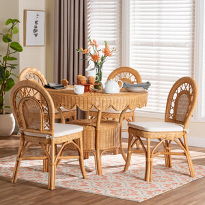 Baxton Studio bali Bali Travis 5-Piece Handwoven Rattan Dining Set - Coastal Boho Table & Cushioned Chairs, Fully Assembled Travis-Light Honey Rattan-5PC Dining Set