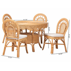 Baxton Studio bali Bali Travis 5-Piece Handwoven Rattan Dining Set - Coastal Boho Table & Cushioned Chairs, Fully Assembled Travis-Light Honey Rattan-5PC Dining Set