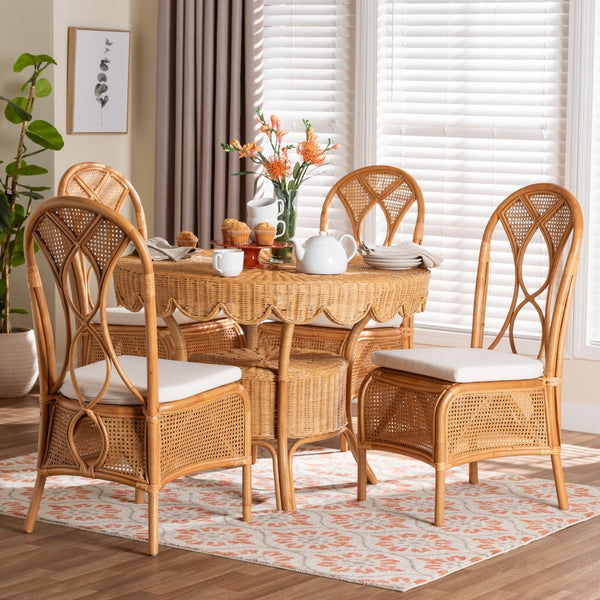 Baxton Studio bali Bali 5-Piece Handwoven Rattan Dining Set with Scalloped Table & Cushioned Chairs for Coastal Charm Tony-Light Honey Rattan-5PC Dining Set