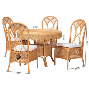 Baxton Studio bali Bali 5-Piece Handwoven Rattan Dining Set with Scalloped Table & Cushioned Chairs for Coastal Charm Tony-Light Honey Rattan-5PC Dining Set