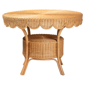 Baxton Studio bali Bali Abena Handcrafted Bohemian Rattan Dining Table with Scalloped Edge & Open Shelf - Eco-Chic Design Palm Short-Round-Light Honey Rattan-DT