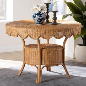 Baxton Studio bali Bali Abena Handcrafted Bohemian Rattan Dining Table with Scalloped Edge & Open Shelf - Eco-Chic Design Palm Short-Round-Light Honey Rattan-DT
