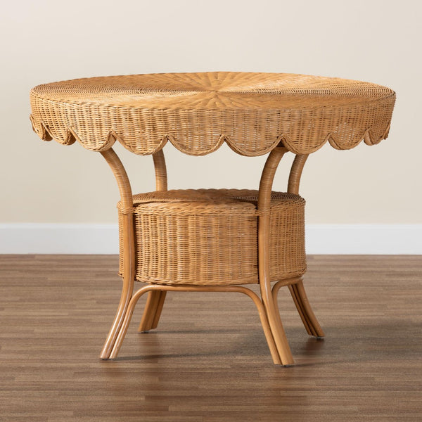 Baxton Studio bali Bali Abena Handcrafted Bohemian Rattan Dining Table with Scalloped Edge & Open Shelf - Eco-Chic Design Palm Short-Round-Light Honey Rattan-DT