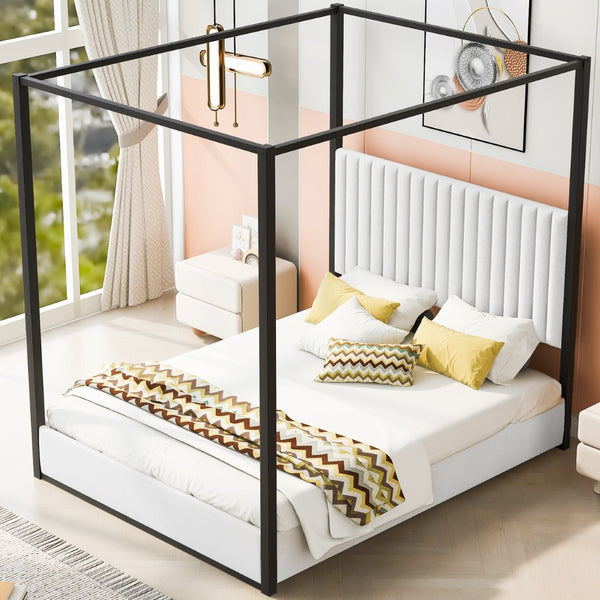 English Elm Queen Velvet Upholstered Canopy Bed White Metal 4 Poster Frame No Box Spring GX001031AAB