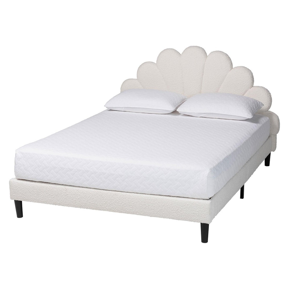Baxton Studio Baxton Studio Albion Boucle Platform Bed - Elegant Queen Frame with Scalloped Headboard & Soft Fabric BBT61320-Cream Boucle-Queen