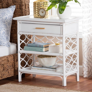Baxton Studio bali Akane Natural Rattan Nightstand – Coastal Boho Bedside Table with Lattice Design & Storage Solutions White WS118A-Medium Knob-White-Rattan-NS