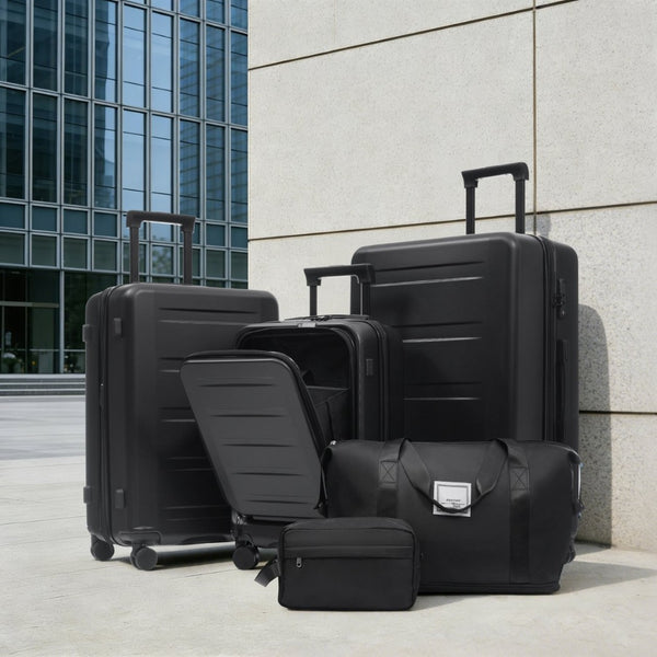English Elm Luggage 5 Piece Hardside Abs Set with Front Access Carry on and Tsa Spinner Wheels Black N732P391544B