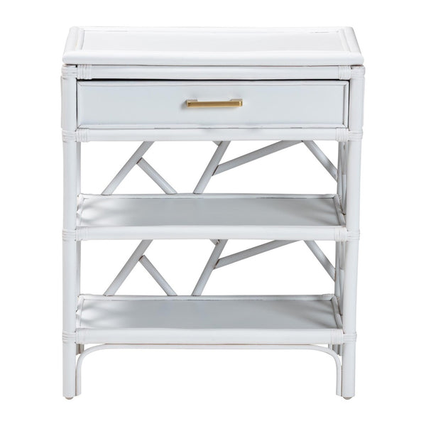 Baxton Studio bali Daina Natural Rattan Nightstand - Coastal Bedside Table with Geometric Design & Storage Shelves White WS118B-Medium Knob-White-Rattan-NS