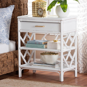 Baxton Studio bali Daina Natural Rattan Nightstand - Coastal Bedside Table with Geometric Design & Storage Shelves White WS118B-Medium Knob-White-Rattan-NS