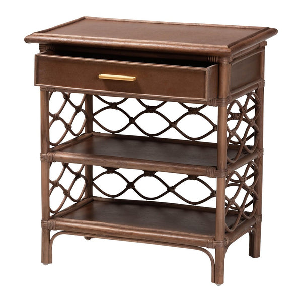 Baxton Studio bali Akane Natural Rattan Nightstand – Coastal Boho Bedside Table with Lattice Design & Storage Solutions Brown WS118A-Medium Knob-Antiqued Brown-Rattan-NS