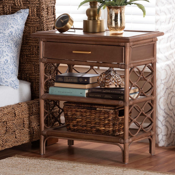Baxton Studio bali Akane Natural Rattan Nightstand – Coastal Boho Bedside Table with Lattice Design & Storage Solutions Brown WS118A-Medium Knob-Antiqued Brown-Rattan-NS