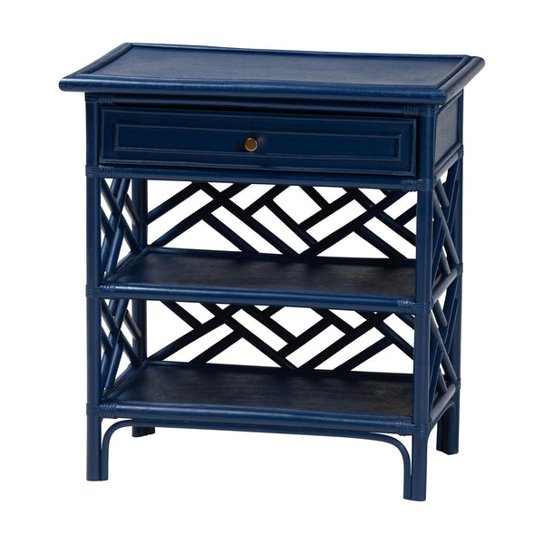 Baxton Studio Bali Tiaret Natural Rattan Nightstand - Handcrafted Chippendale-style Bedside Table For Bedrooms Blue Natural Rattan(Frame),Mdf(Shelves,Drawer),Metal Handle Ws117-small Knob-royal Blue-rattan-ns