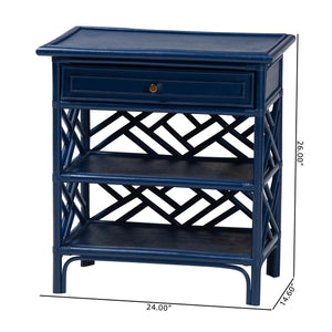Baxton Studio Bali Tiaret Natural Rattan Nightstand - Handcrafted Chippendale-style Bedside Table For Bedrooms Blue Natural Rattan(Frame),Mdf(Shelves,Drawer),Metal Handle Ws117-small Knob-royal Blue-rattan-ns