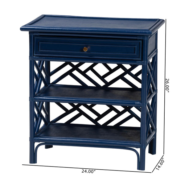 Baxton Studio Bali Tiaret Natural Rattan Nightstand - Handcrafted Chippendale-style Bedside Table For Bedrooms Blue Natural Rattan(Frame),Mdf(Shelves,Drawer),Metal Handle Ws117-small Knob-royal Blue-rattan-ns