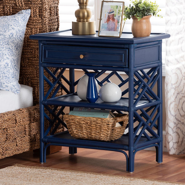 Baxton Studio Bali Tiaret Natural Rattan Nightstand - Handcrafted Chippendale-style Bedside Table For Bedrooms Blue Natural Rattan(Frame),Mdf(Shelves,Drawer),Metal Handle Ws117-small Knob-royal Blue-rattan-ns
