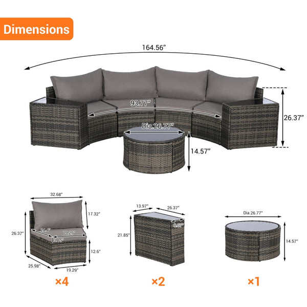 English Elm Outdoor Half Moon Sectional Set 7 Piece Rattan Sofa with Tempered Glass Coffee Table Light Gray W874S00042