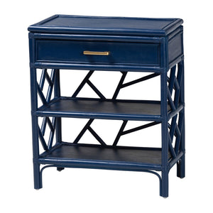 Baxton Studio bali Daina Natural Rattan Nightstand - Coastal Bedside Table with Geometric Design & Storage Shelves Blue WS118B-Medium Knob-Royal Blue-Rattan-NS