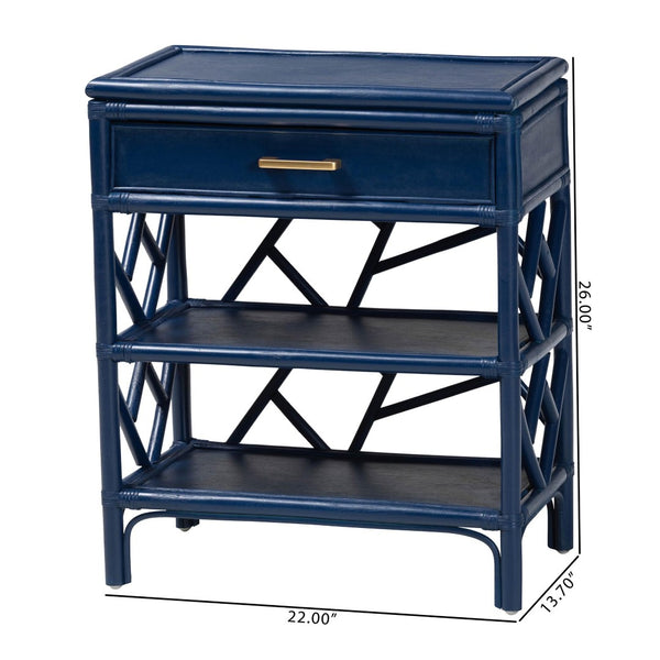 Baxton Studio bali Daina Natural Rattan Nightstand - Coastal Bedside Table with Geometric Design & Storage Shelves Blue WS118B-Medium Knob-Royal Blue-Rattan-NS