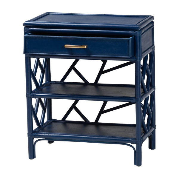 Baxton Studio bali Daina Natural Rattan Nightstand - Coastal Bedside Table with Geometric Design & Storage Shelves Blue WS118B-Medium Knob-Royal Blue-Rattan-NS