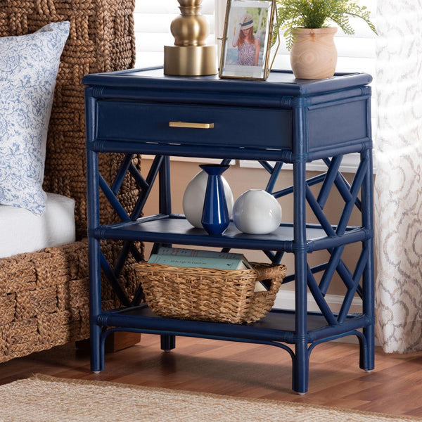 Baxton Studio bali Daina Natural Rattan Nightstand - Coastal Bedside Table with Geometric Design & Storage Shelves Blue WS118B-Medium Knob-Royal Blue-Rattan-NS